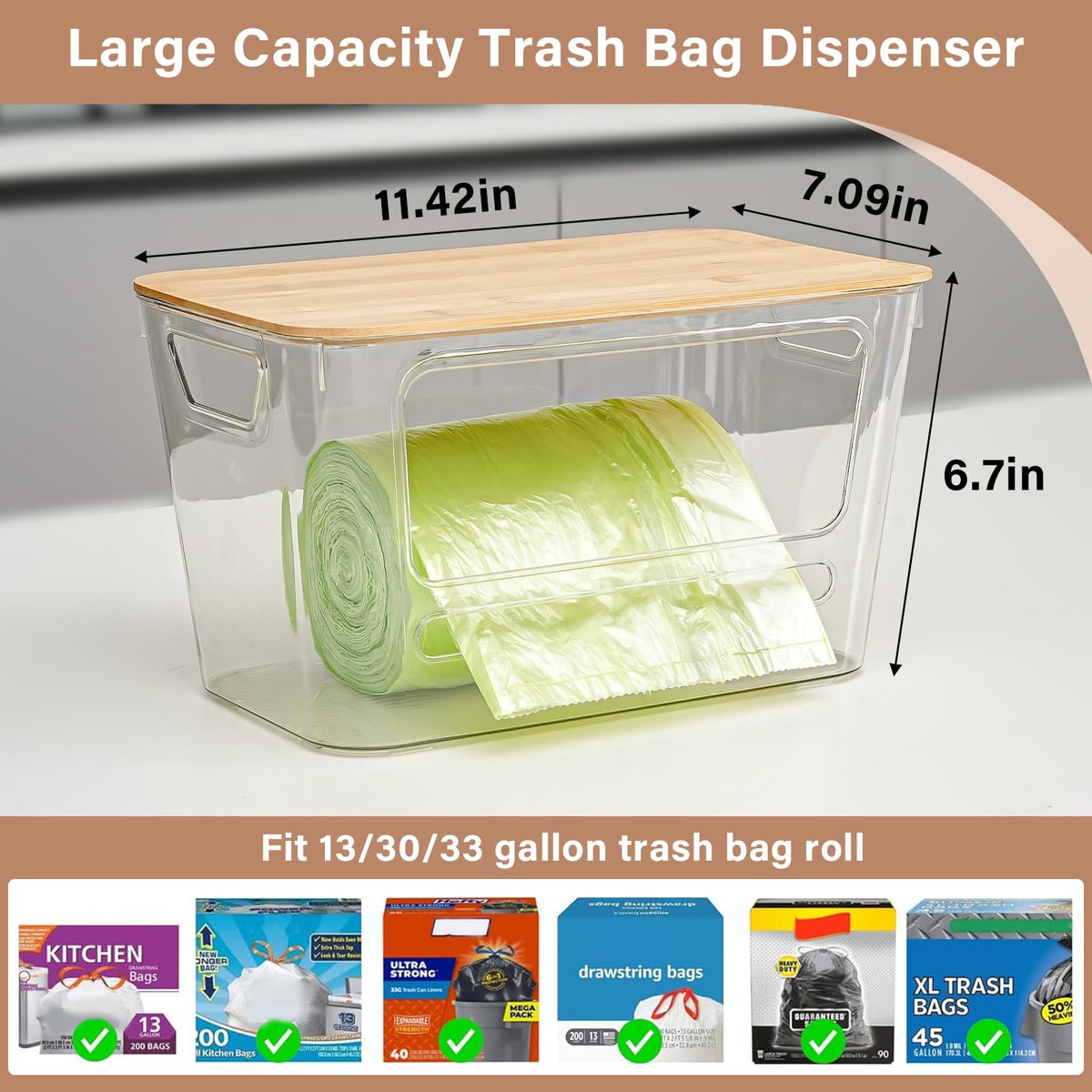 Homaigie dispenser with bamboo lid highlights durable, stylish under-sink organization.