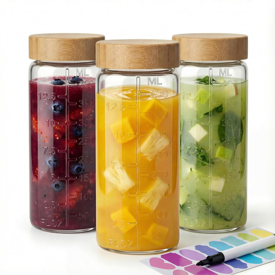 HomArtist 16oz glass juice bottle with bamboo lid for daily beverages