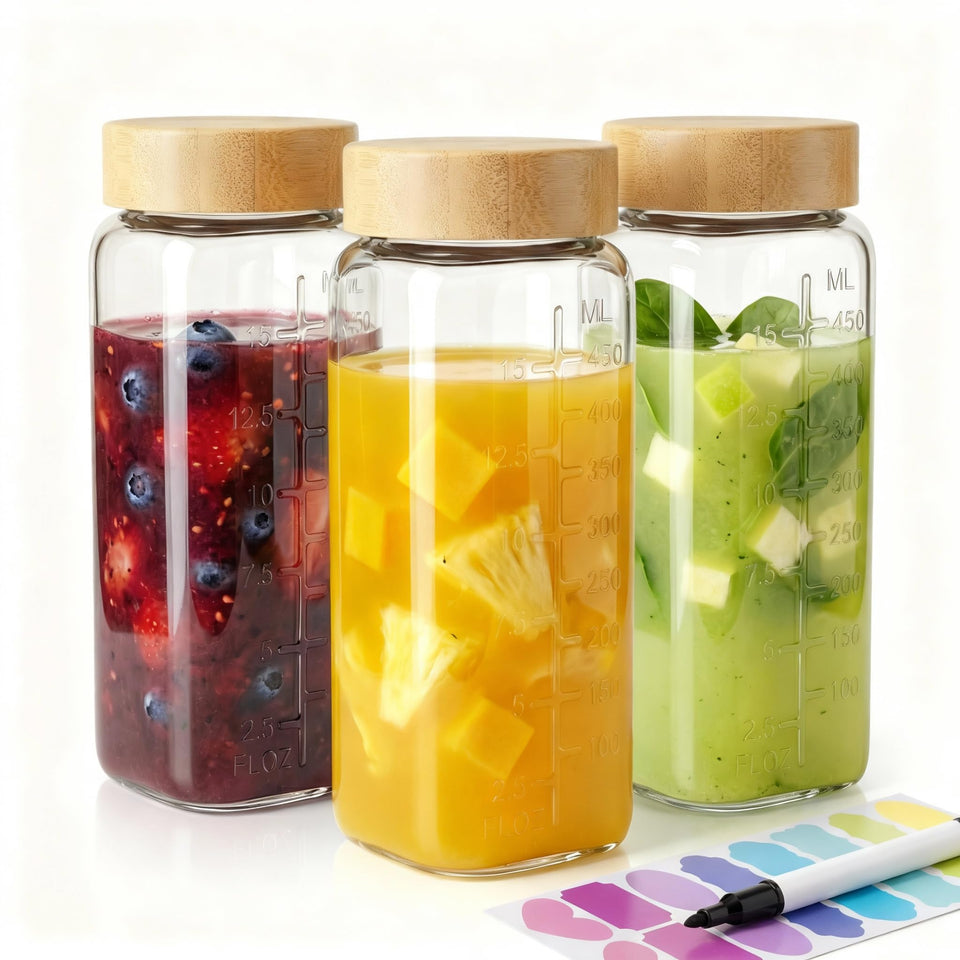 HomArtist 16oz glass juice bottles with bamboo lids, three-pack, ideal for organized drinks.