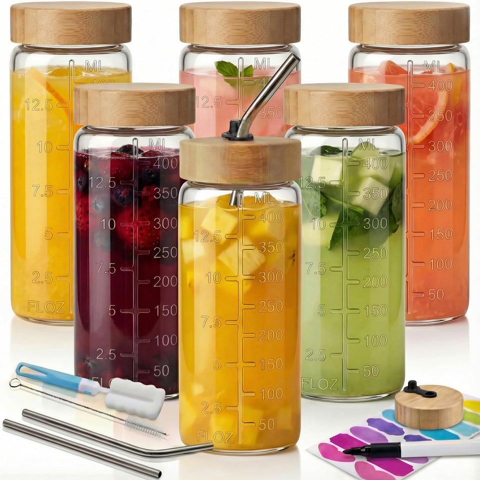 HomArtist 16oz glass juice bottles for everyday use and reuse.