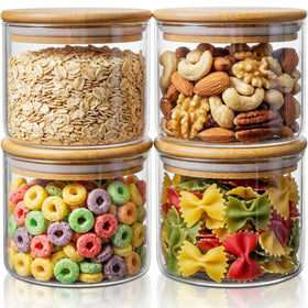HomArtist 17oz glass jar with bamboo lid for four-pack pantry storage.