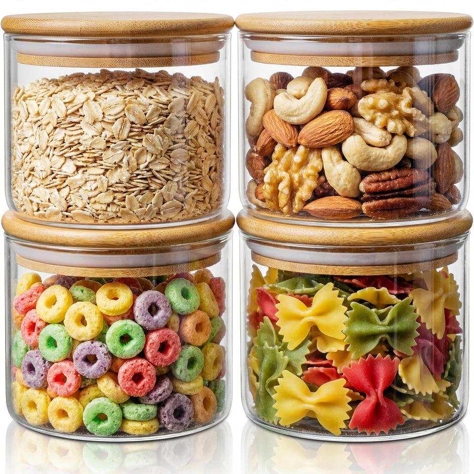 HomArtist 17oz glass jar with bamboo lid for four-pack pantry storage.