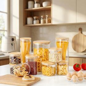 HomArtist square glass jar with bamboo lid, fridge-safe and easy to see contents.