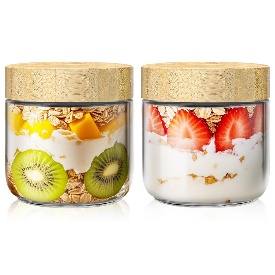 HomArtist 2-pack 10oz overnight oats jar with bamboo lid, ideal for portion control breakfasts.