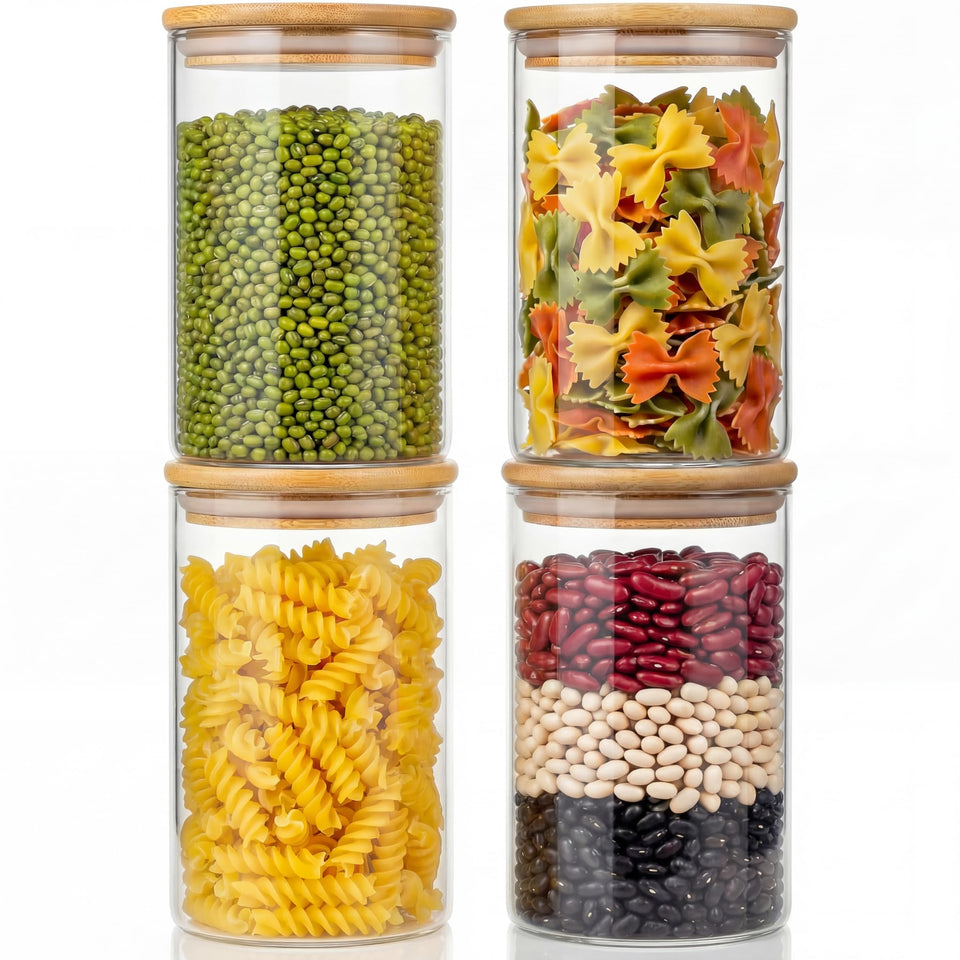 HomArtist 32oz glass jar with bamboo lid in a four-pack for pantry organization