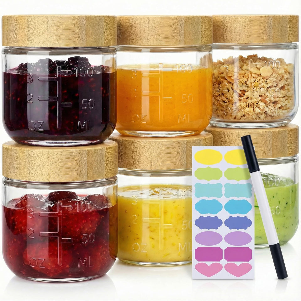 HomArtist 3oz glass dressing container with bamboo lid, front view, portable and mess-free.