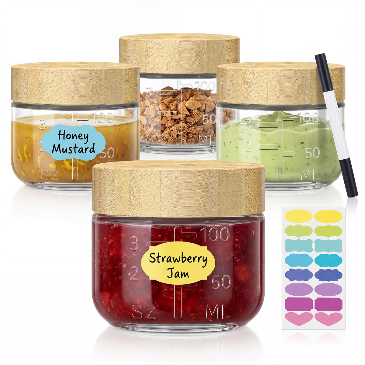 HomArtist 3oz glass dressing containers with bamboo lids for mess-free on-the-go meals.