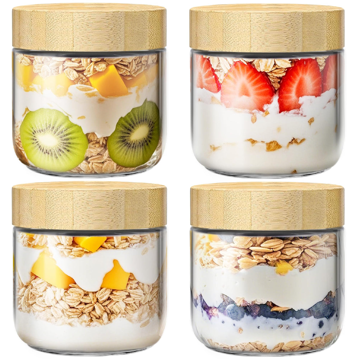 HomArtist 4-pack glass jars with bamboo lids for overnight oats and meal prep
