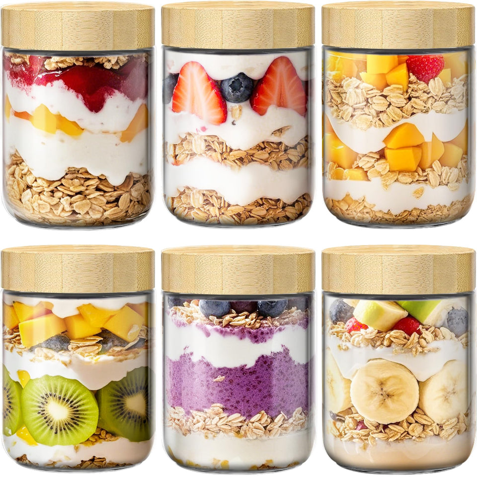 HomArtist 16oz glass jar with bamboo lid for overnight oats on the go