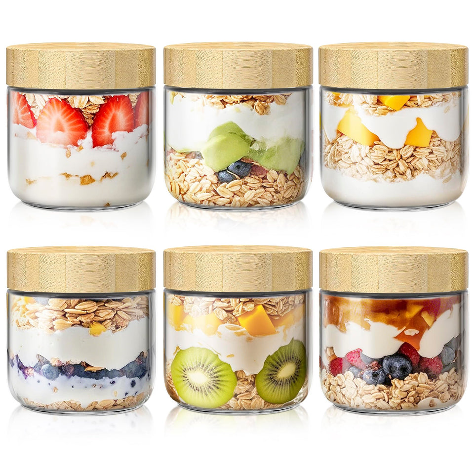 HomArtist 6-pack overnight oats jars with bamboo lids for portioned breakfasts.