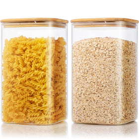 HomArtist extra-large square glass container with bamboo lid for cereal storage.