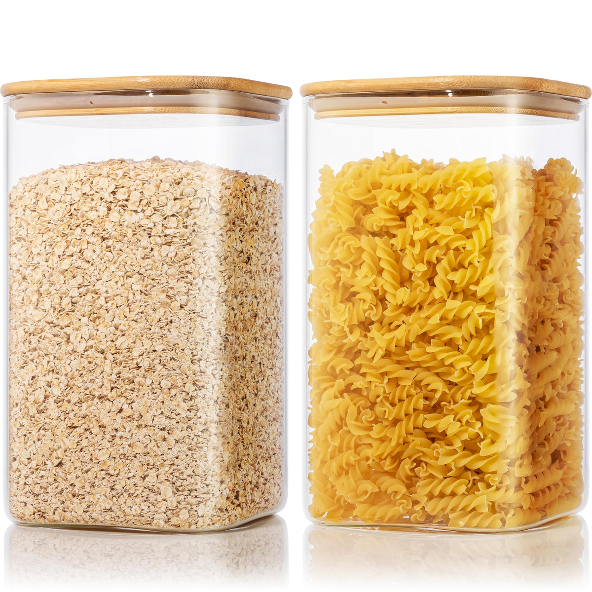 HomArtist extra-large square glass jar with bamboo lids, airtight and ideal for flour or sugar storage.