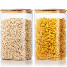 HomArtist extra-large square glass jar with bamboo lids, airtight and ideal for flour or sugar storage.