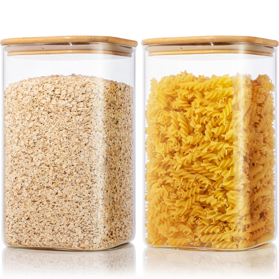 HomArtist extra-large square glass jar with bamboo lids, airtight and ideal for flour or sugar storage.