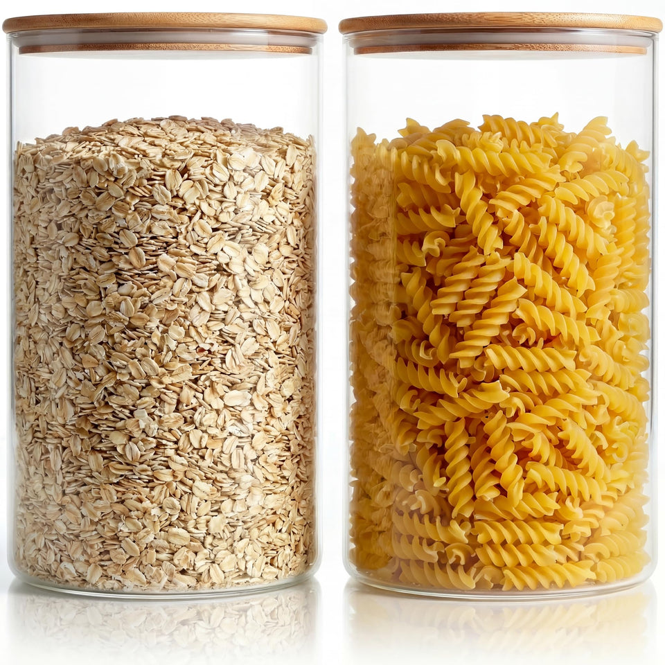 HomArtist glass jar with bamboo lid, wide-mouth for quick flour access.