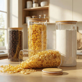 HomArtist glass jar with bamboo lid, wide-mouth for easy sugar scooping.