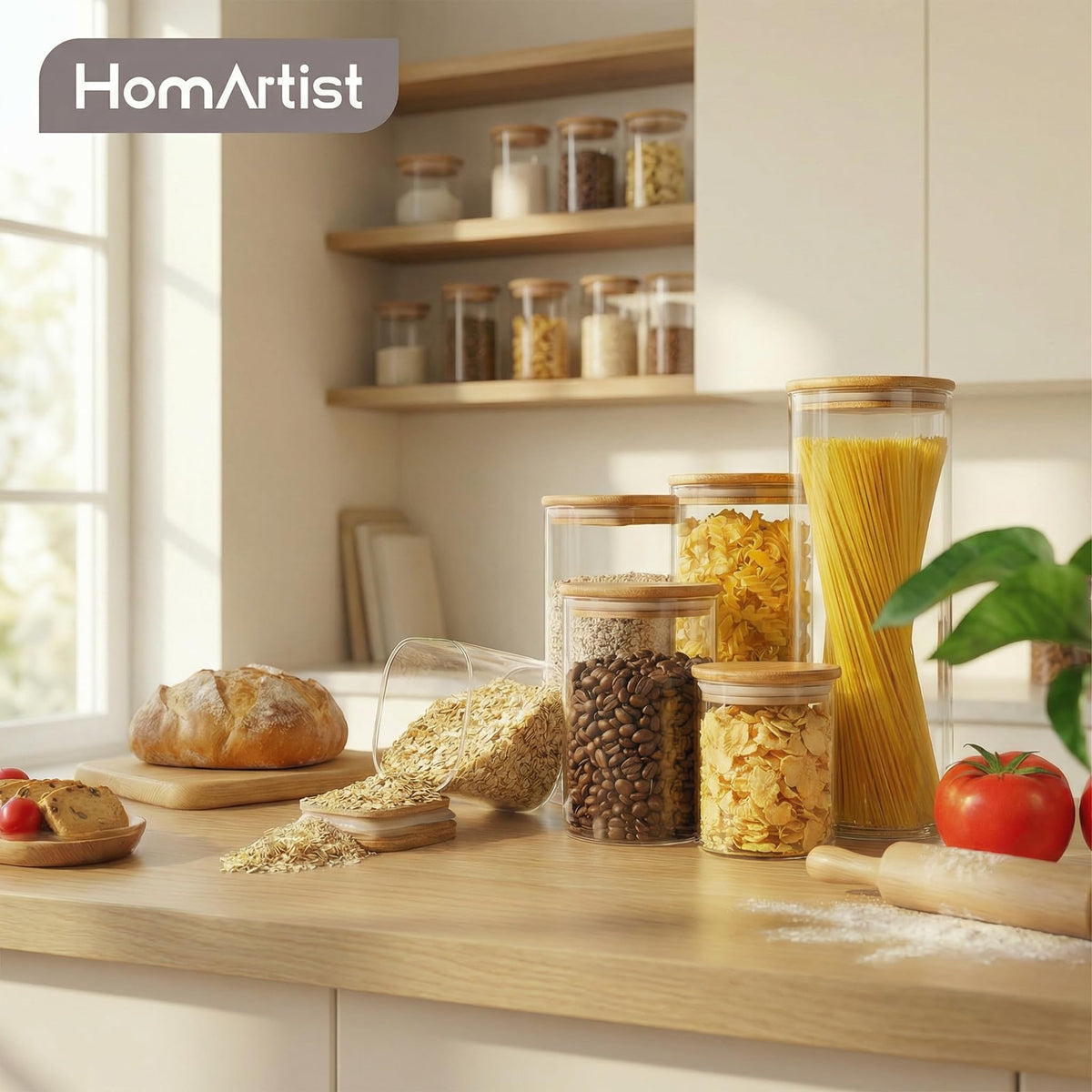 HomArtist clear glass jars stacked neatly for pantry visibility.