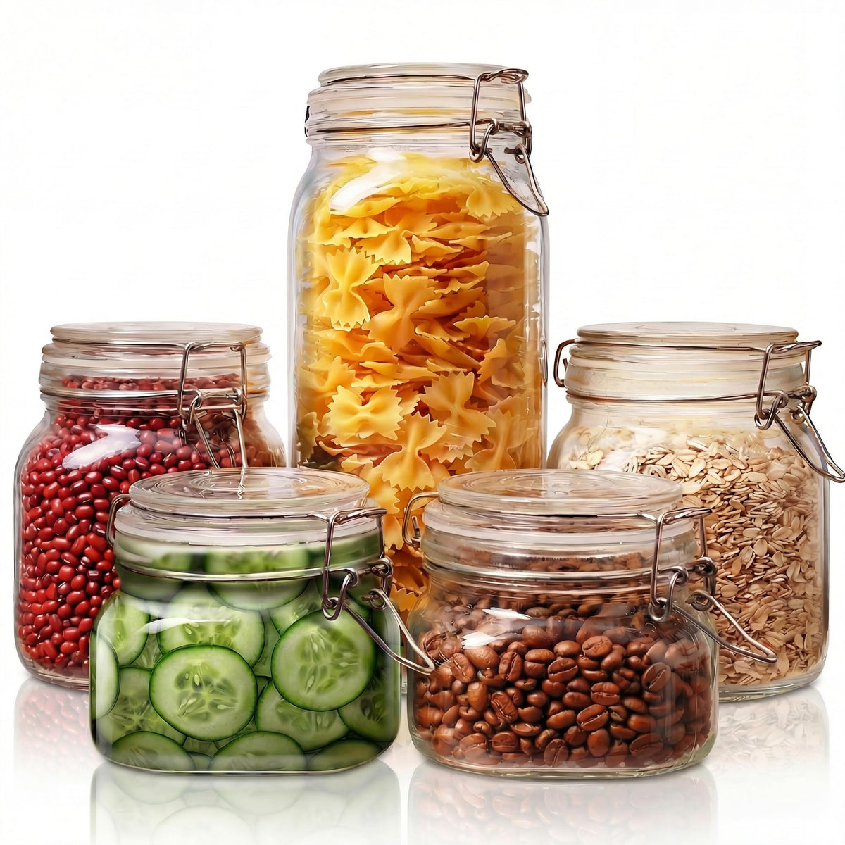 HomArtist five-pack square glass jars for pantry organization and airtight storage.