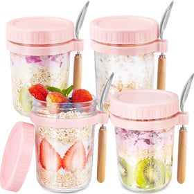 HomArtist pink 4-pack glass overnight oats containers for quick breakfasts.