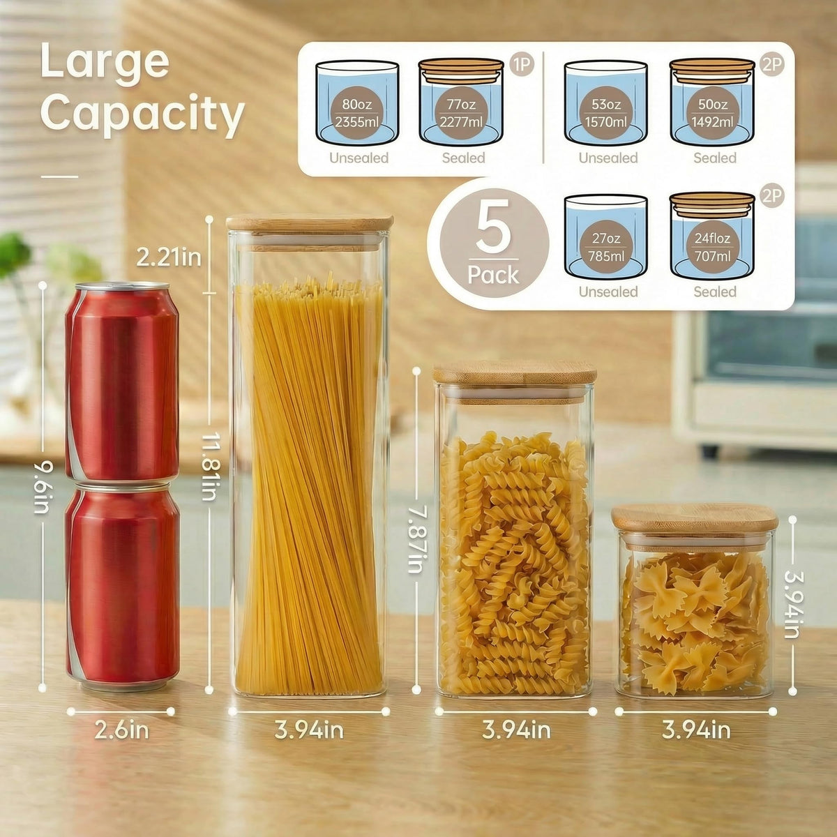 HomArtist square glass jar 27oz with bamboo lid ideal for sugar or flour.