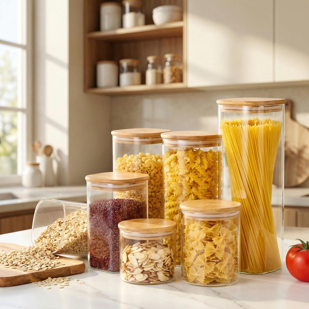 HomArtist square glass jar 53oz with bamboo lid keeps cereals organized.