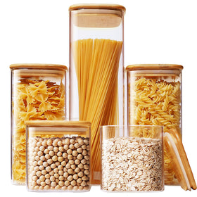 HomArtist square glass jar 79oz with bamboo lid keeps pasta fresh and visible.