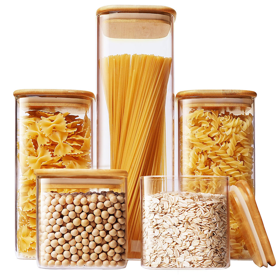 HomArtist square glass jar 79oz with bamboo lid keeps pasta fresh and visible.