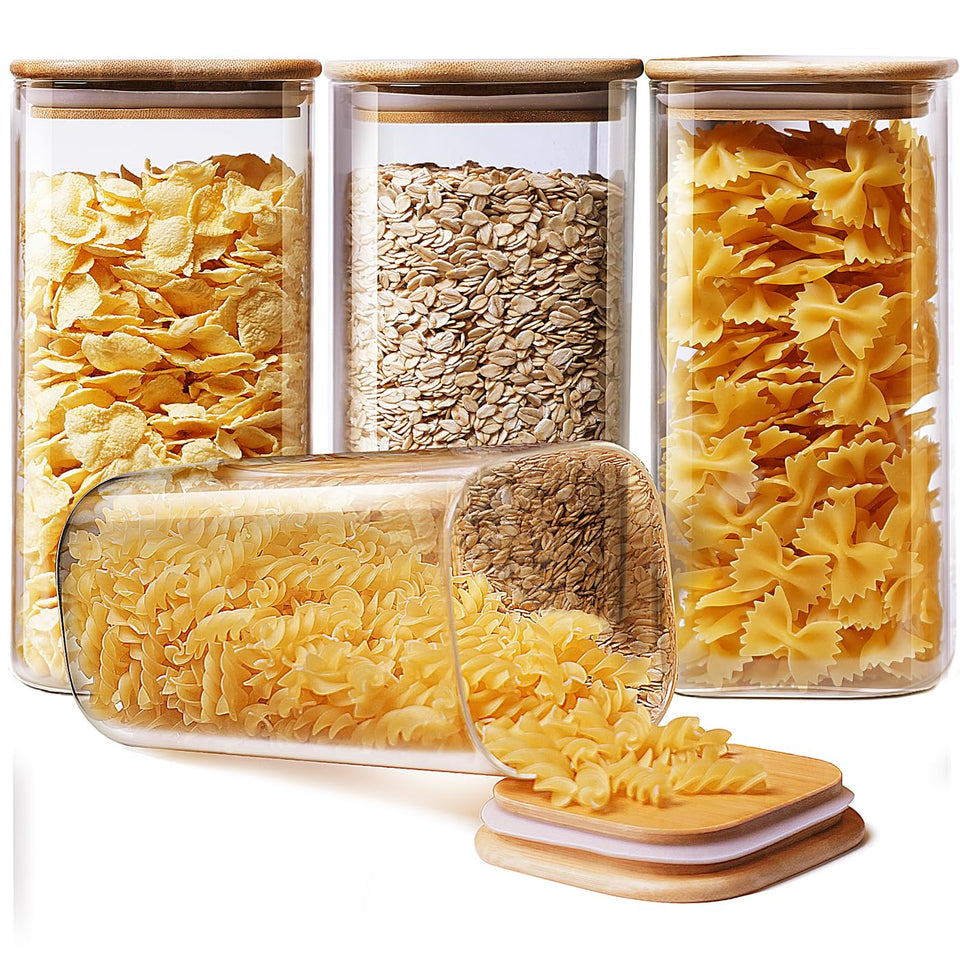 HomArtist square glass jar with bamboo lid, 53 oz capacity, ideal for pasta or coffee storage.
