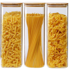 HomArtist square glass jar with bamboo lid shows 79oz capacity for pasta and grains.