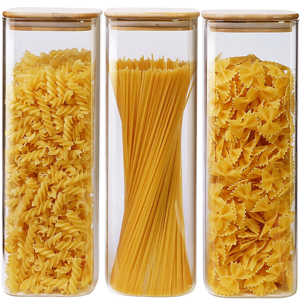 HomArtist square glass jar with bamboo lid shows 79oz capacity for pasta and grains.