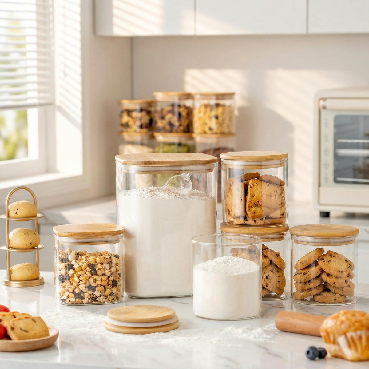 HomArtist square glass storage container with wide mouth for easy scooping and refilling.