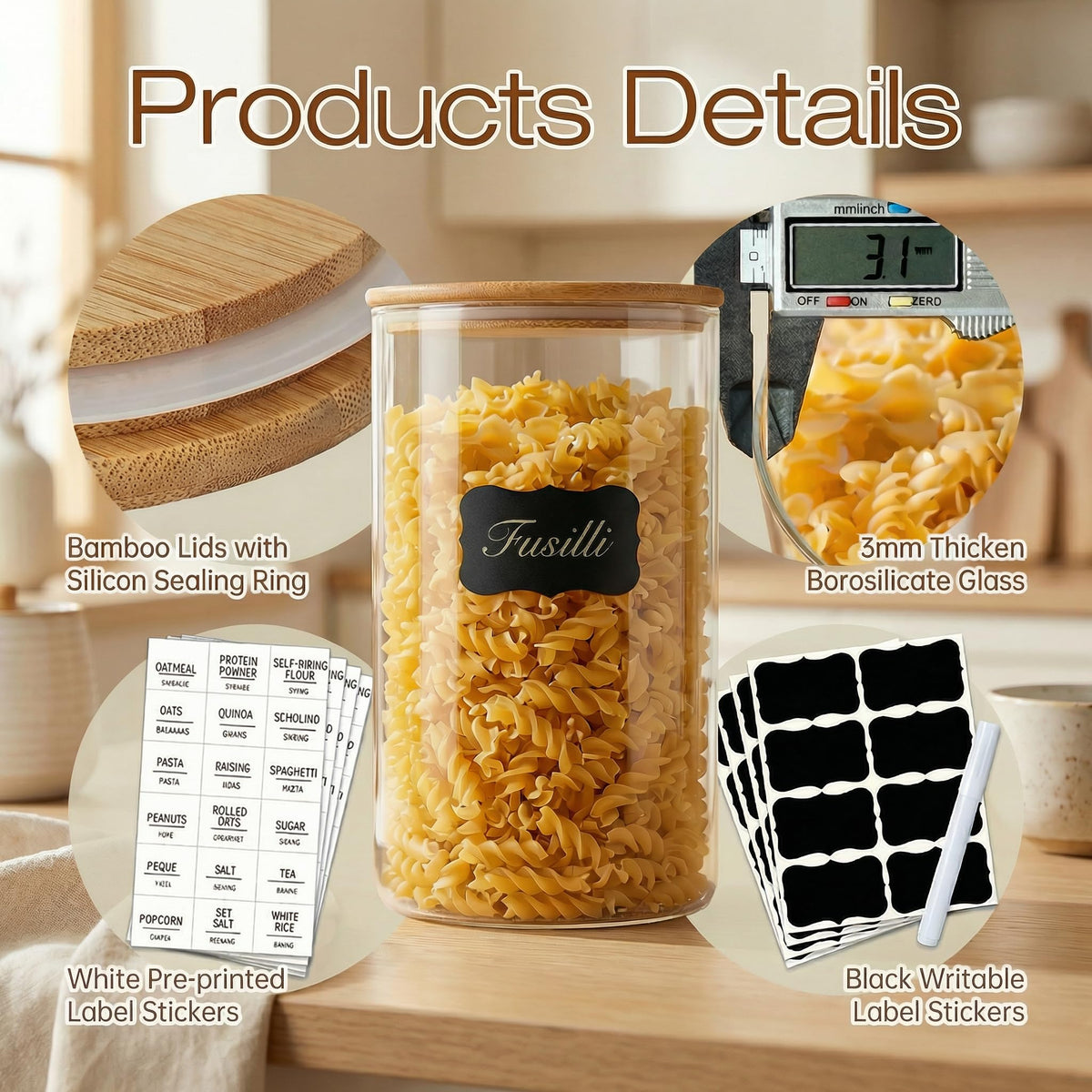 Stackable glass containers save counter space and reduce clutter.