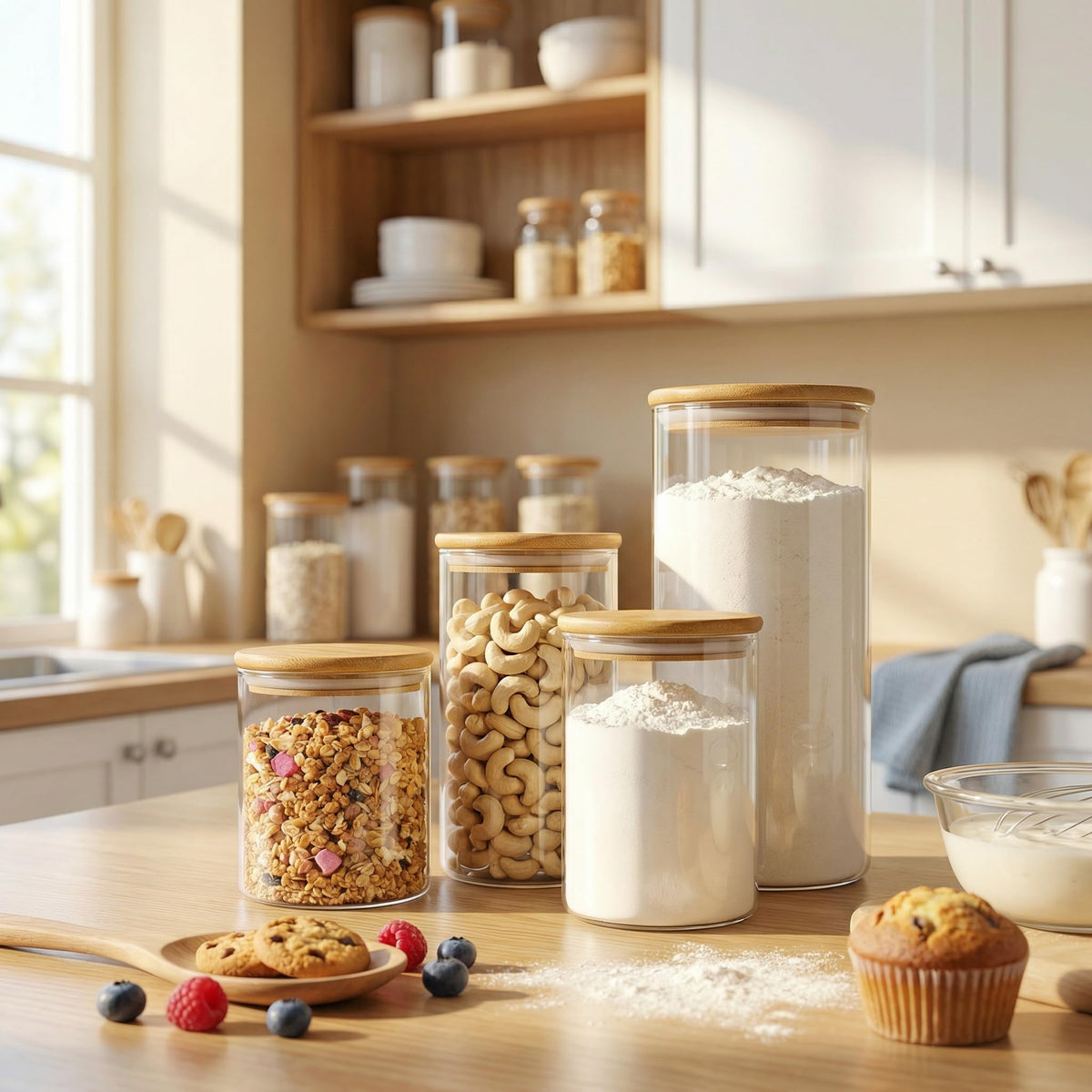 HomArtist wide-mouth glass jar ideal for easy scooping of flour or rice.
