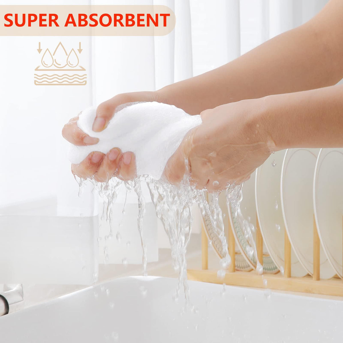 Homaxy dishcloth demonstrating absorbent drying action for quick cleanup.
