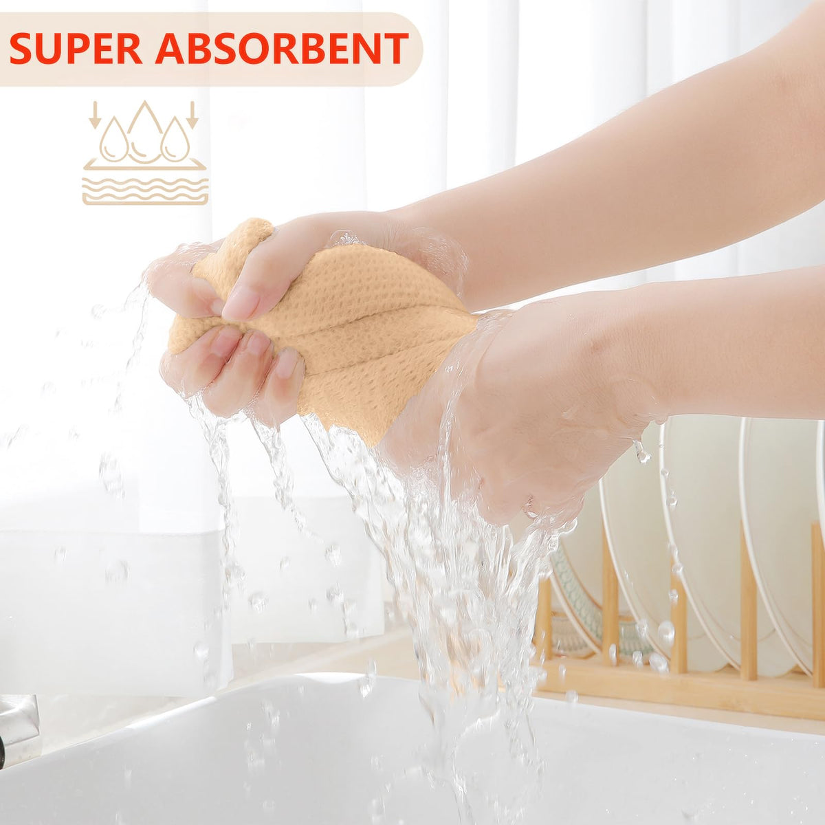 Stacked Homaxy apricot dishcloths demonstrate coordinated kitchen look and durability.