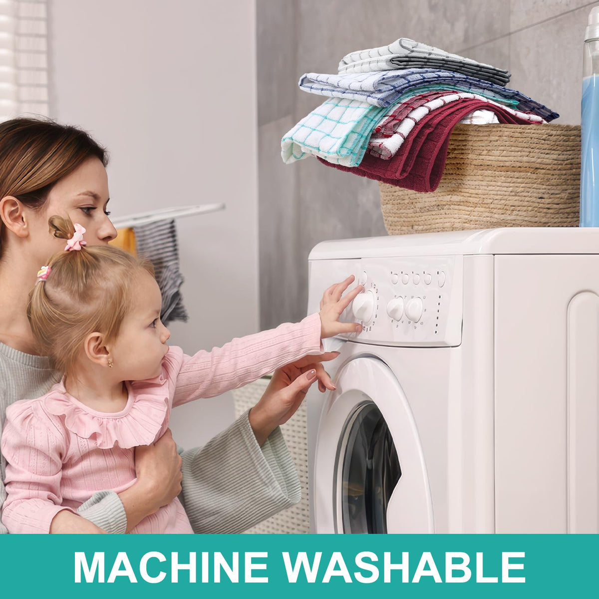 Aqua check design Homaxy towel adds fresh pattern to kitchen decor.