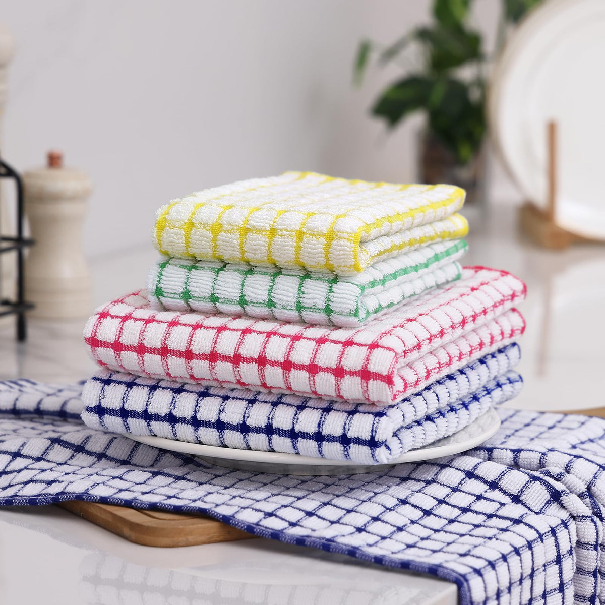 Homaxy colorful plaid kitchen towels brighten kitchen spaces.