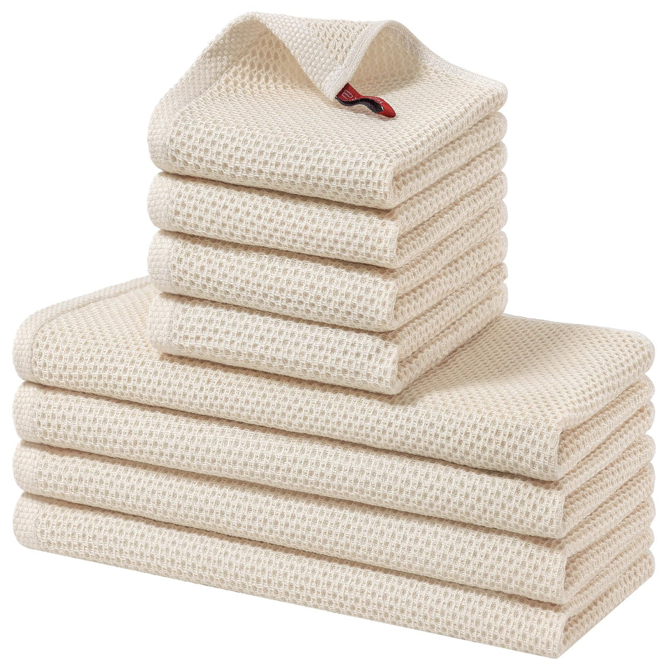 Homaxy 12x12 beige cotton kitchen towel with waffle weave for gentle drying.