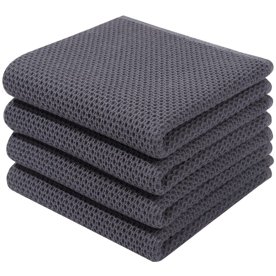 Homaxy 4-pack waffle weave dish towels in dark grey, ultra-soft and absorbent.