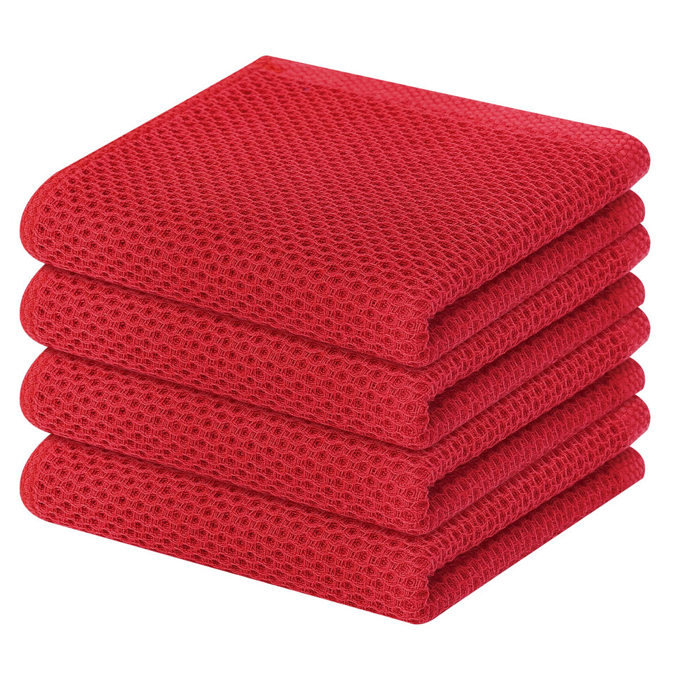 Homaxy waffle-weave dish towels in red offer soft, durable drying for delicate cookware.