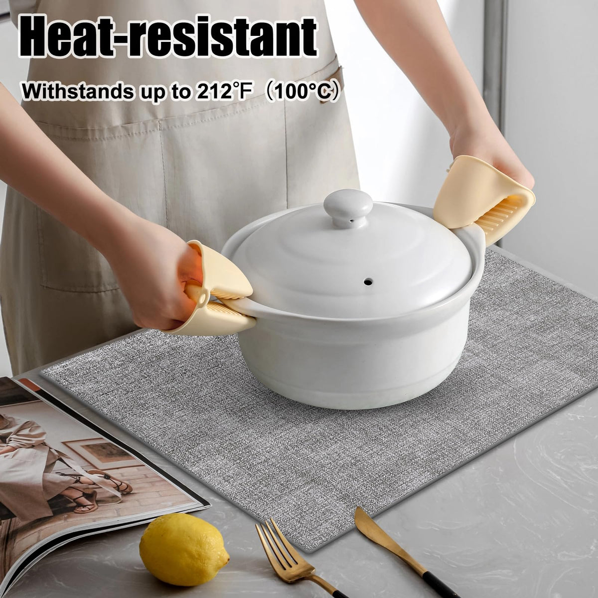 Homaxy heat-resistant placemats up to 212°F safeguard tabletops during hot meals.