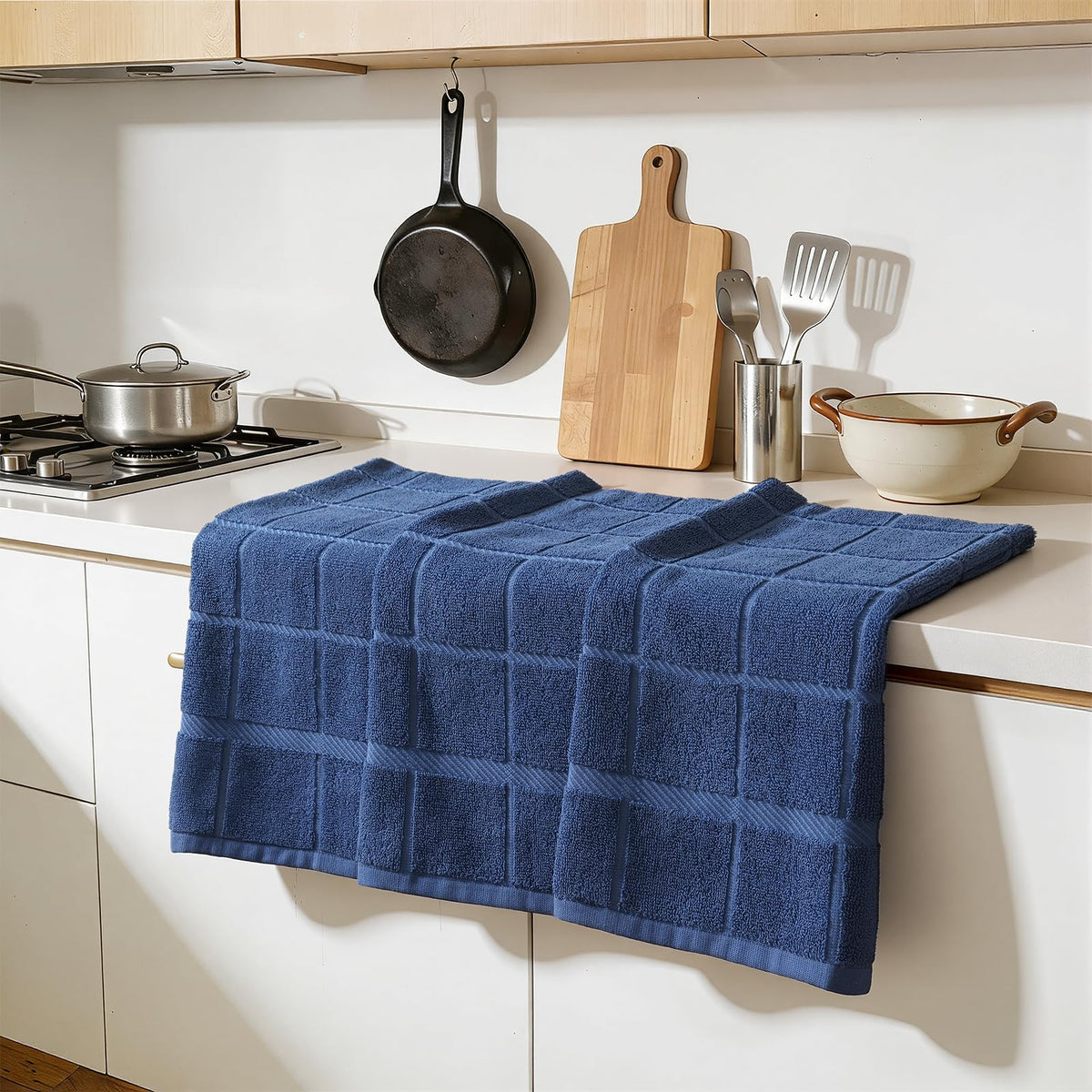 Homaxy navy towel drying dishes and wiping counters.