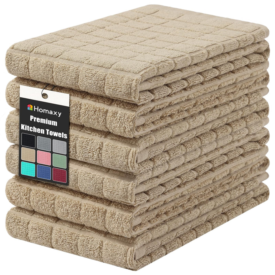 Homaxy premium cotton towels in a 6-pack front view, soft tan finish for everyday kitchen tasks.
