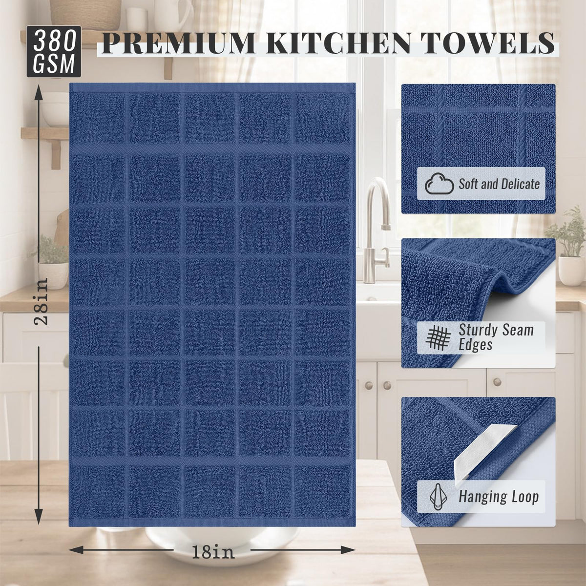 Homaxy navy towel with hanging loop for easy drying and storage.