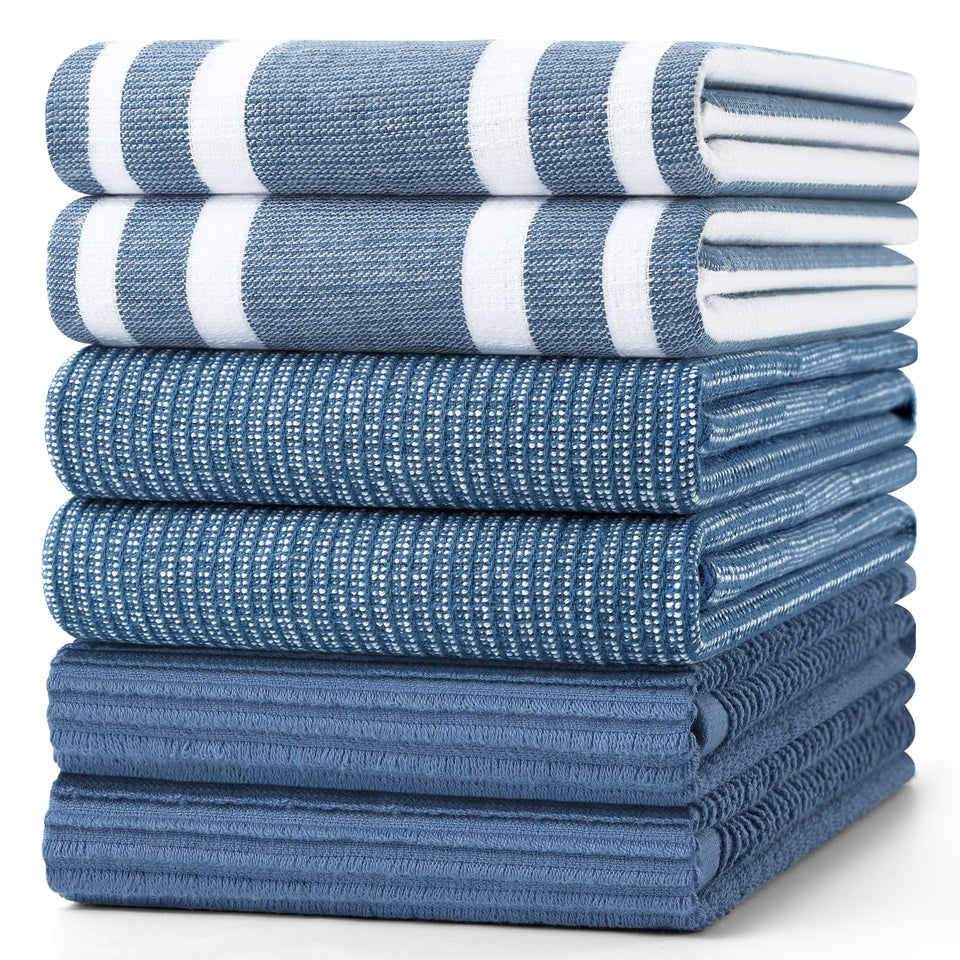 Homaxy Premium Kitchen Towels folded in navy blue with soft, absorbent touch for daily use.