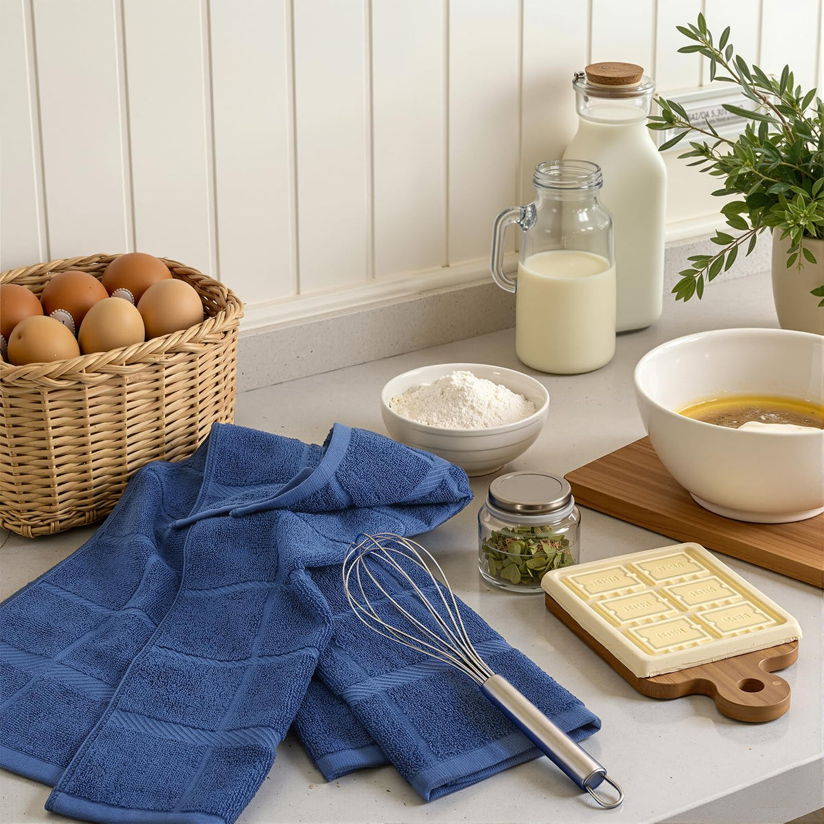 Soft lint free finish on Homaxy navy towel for hands and glassware.