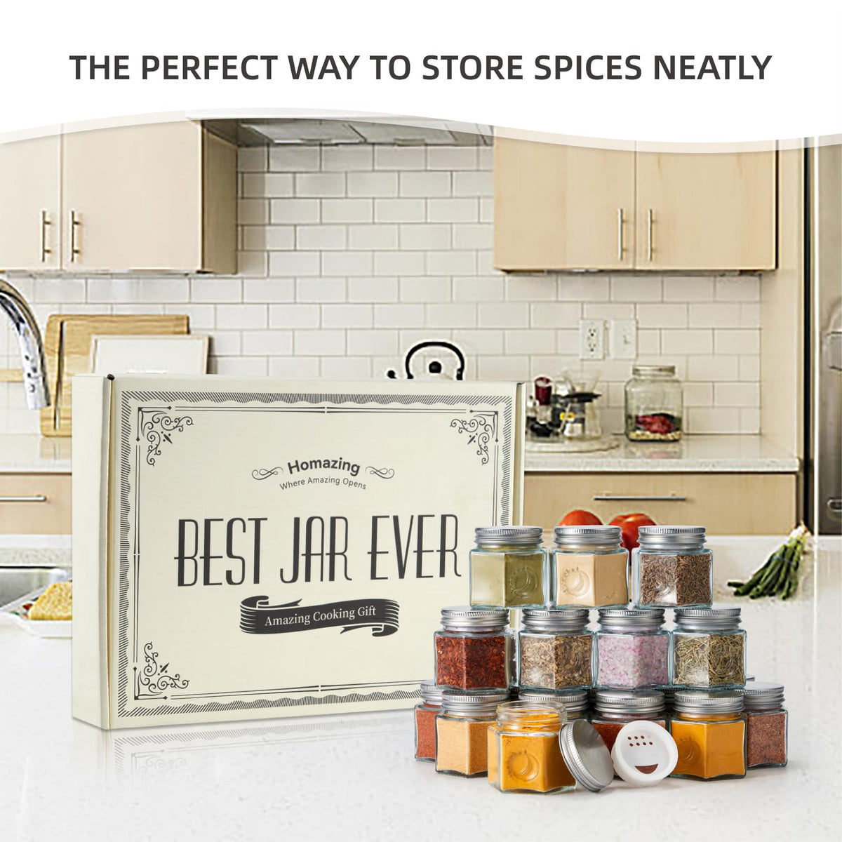 Homazing clear glass jars showcase colorful spices.