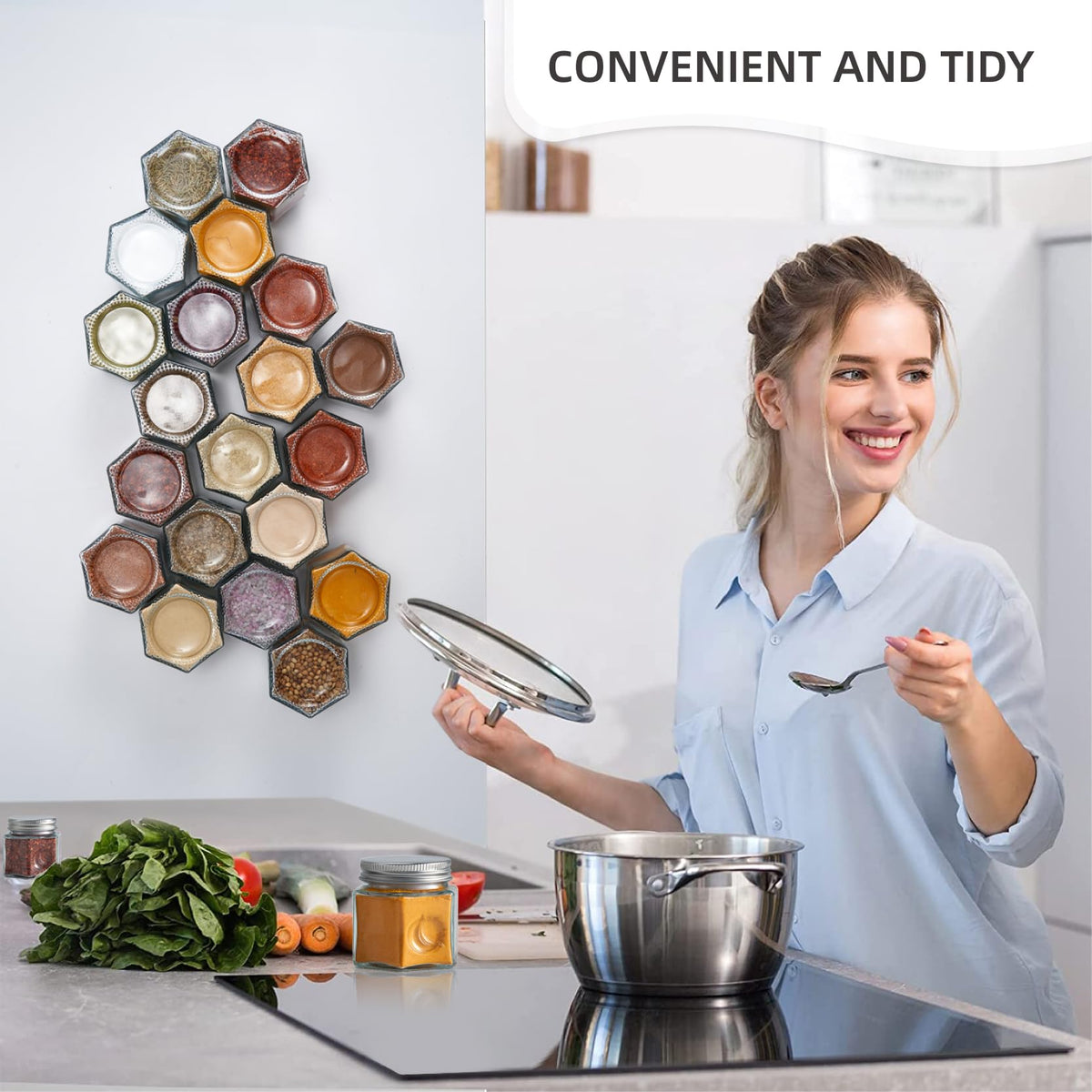 Homazing front-facing spice access on fridge for easy reach.
