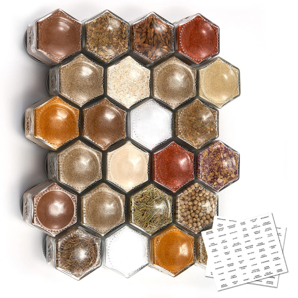 Homazing hexagon spice jars neatly mounted on fridge to save counter space.