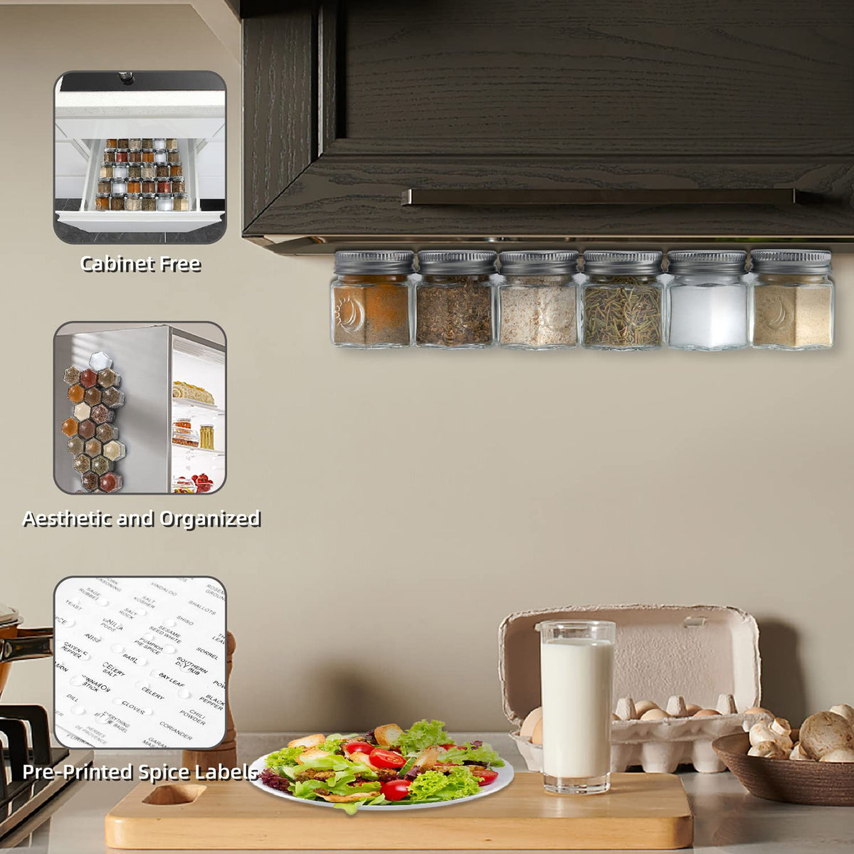 Homazing clear and black labels for neat spice organization.